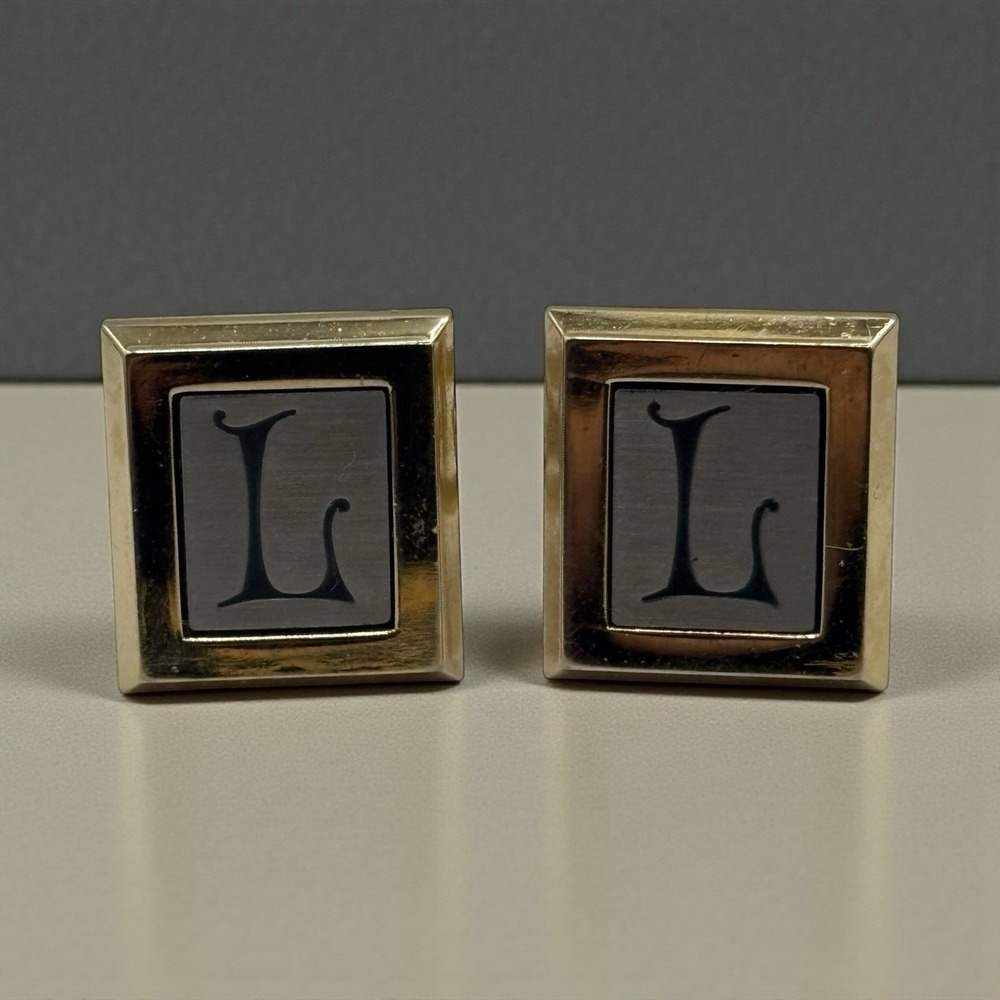 Initial L Monogram Hickok USA Cufflinks Letter‎ Vintage Two Tone Script Square